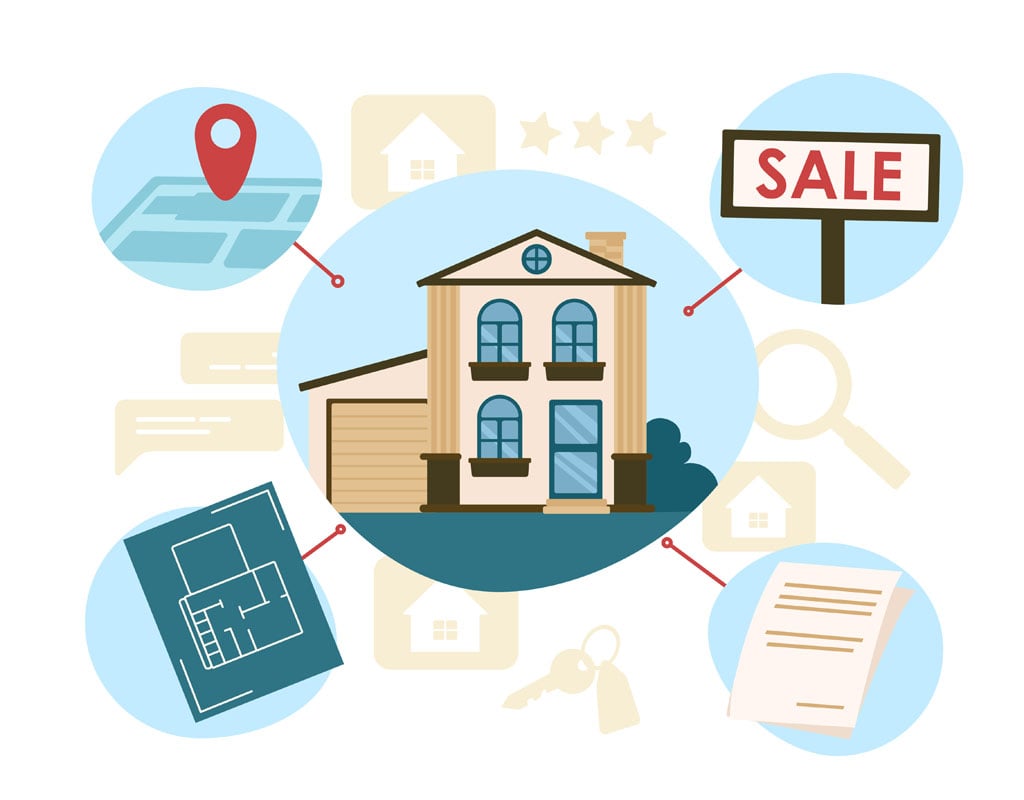 Illustration of a house with a "SALE" sign, surrounded by icons representing real estate services such as location mapping, floor plans, keys, and documents, emphasizing commercial and investment properties in Connecticut.